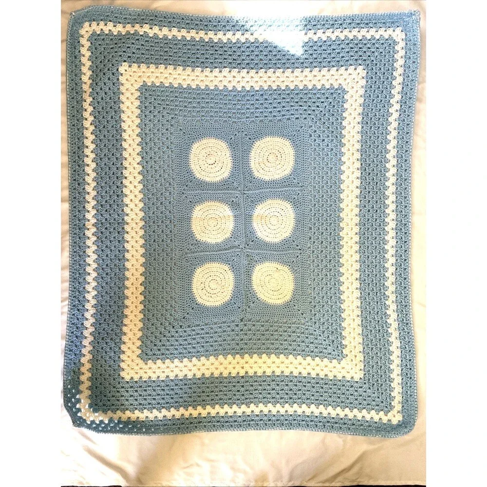Snowman Crocheted Hand Knit Afghan Throw Blanket 49x41” Baby Blue Winter Holiday